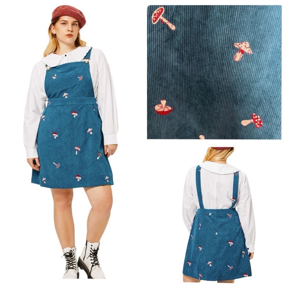 Cider Blue Corduroy Dress with Mushroom Embroidery